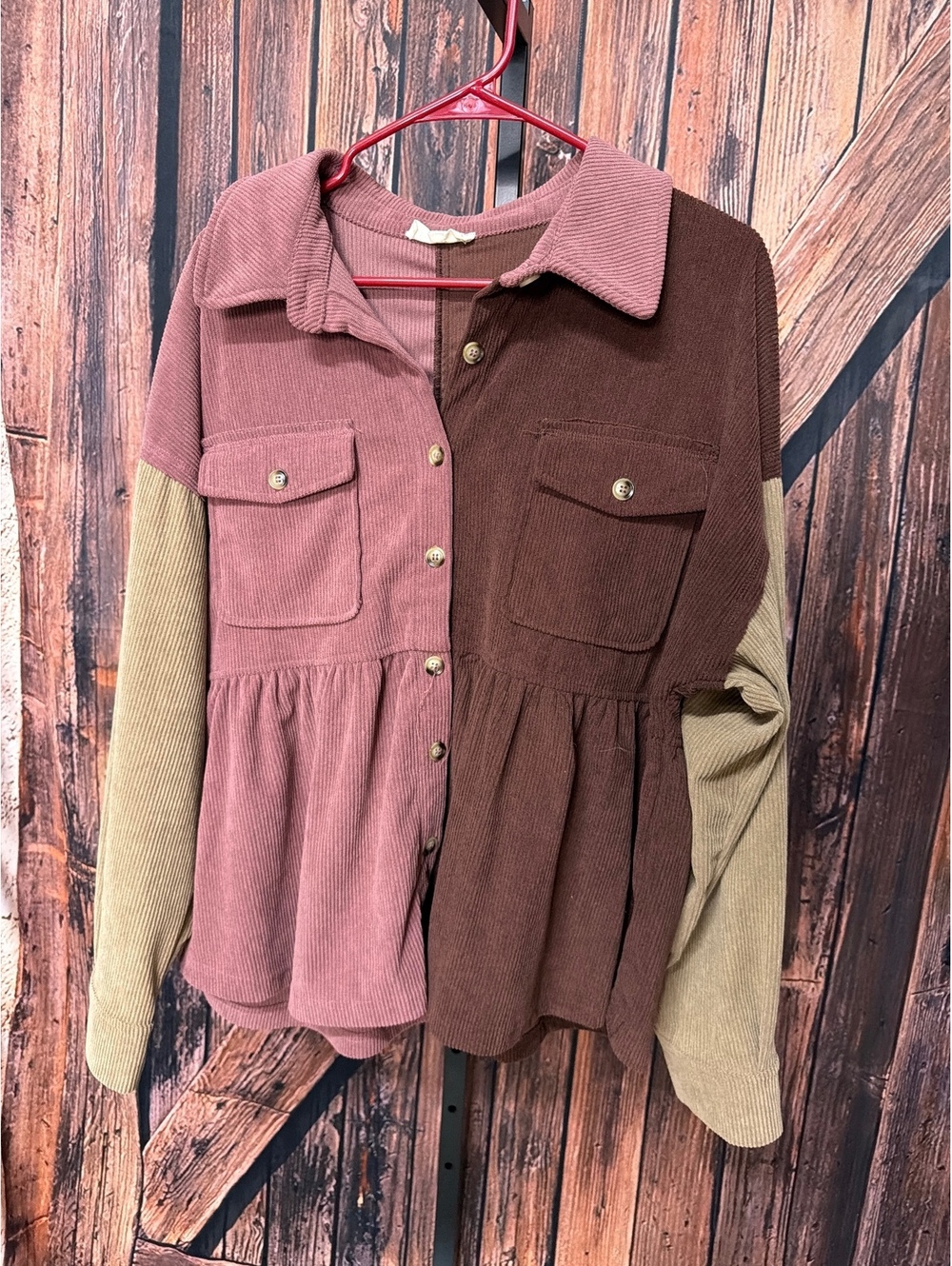 New In Women's Colorblock Corduroy Button-Up Shirt Jacket, Size L